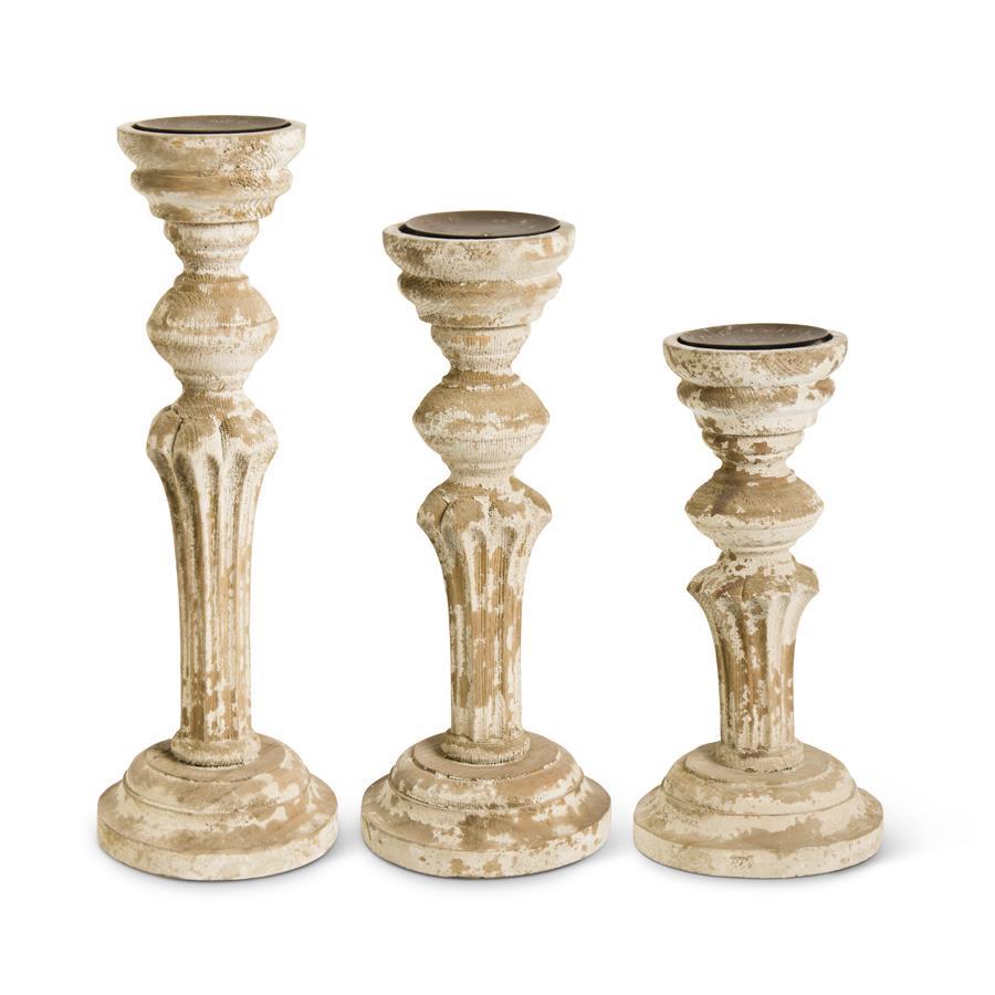 Brown Distressed Wood Column Candleholders