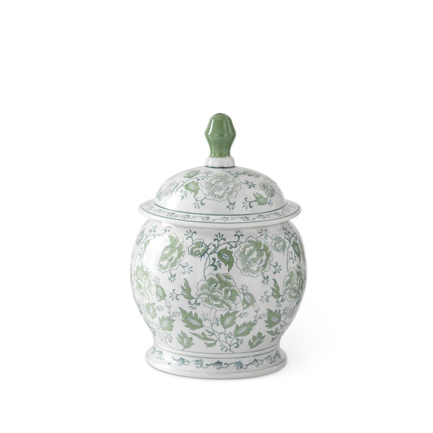 Green & White Floral Ceramic Ginger Jar with Lid