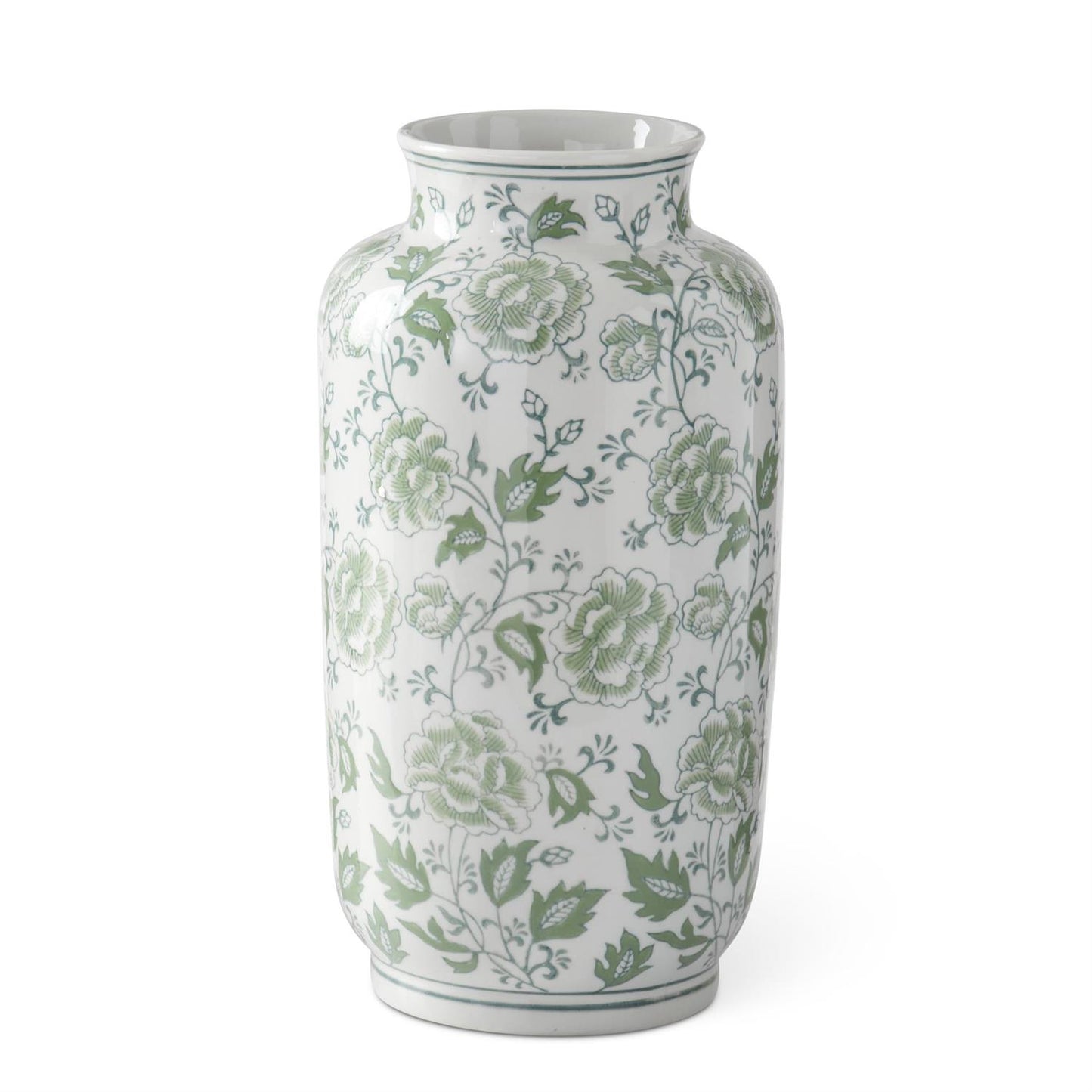 15" Green & White Floral Ceramic Vase