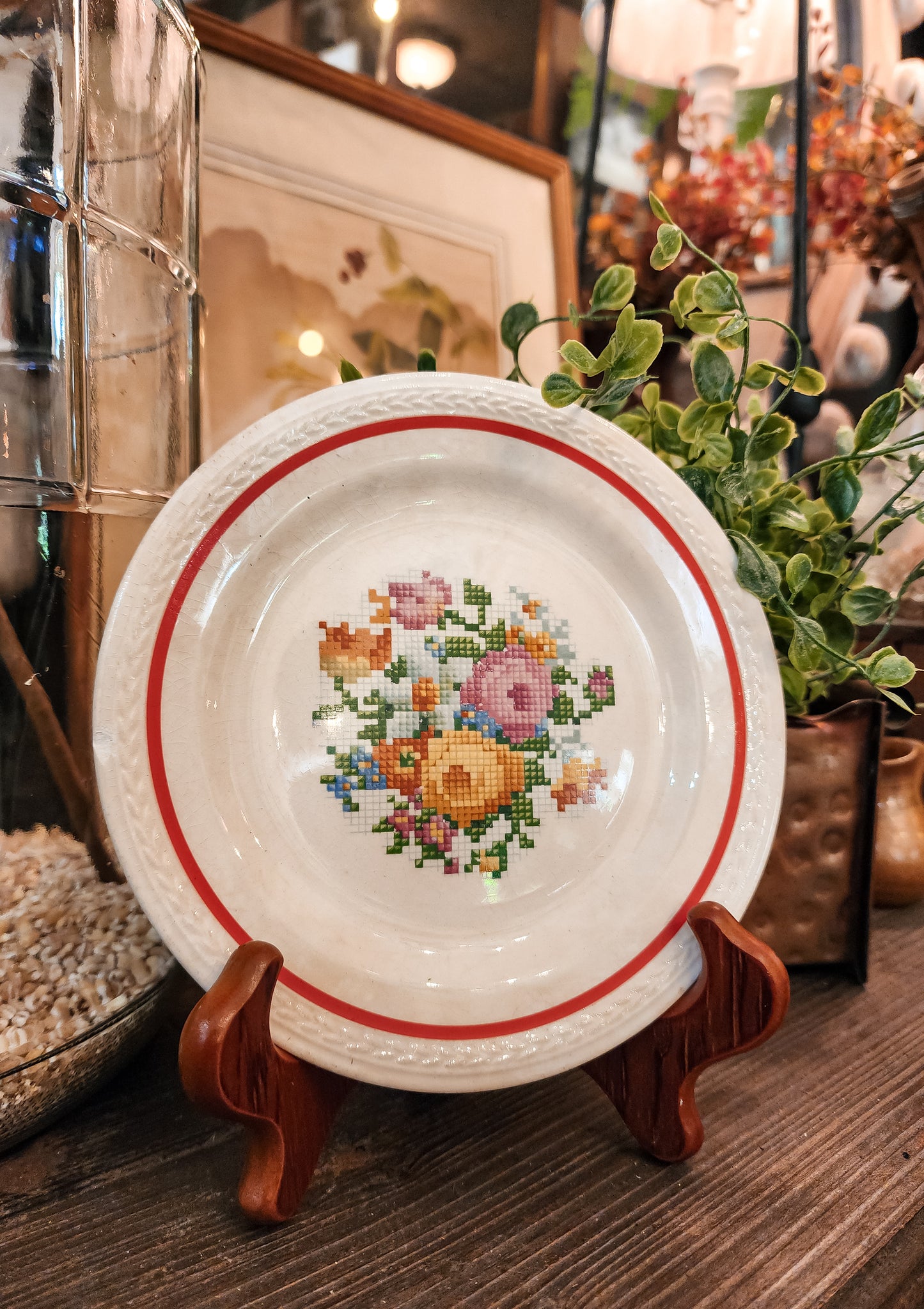 Crown Potteries Co Plate with Floral and Red Trim