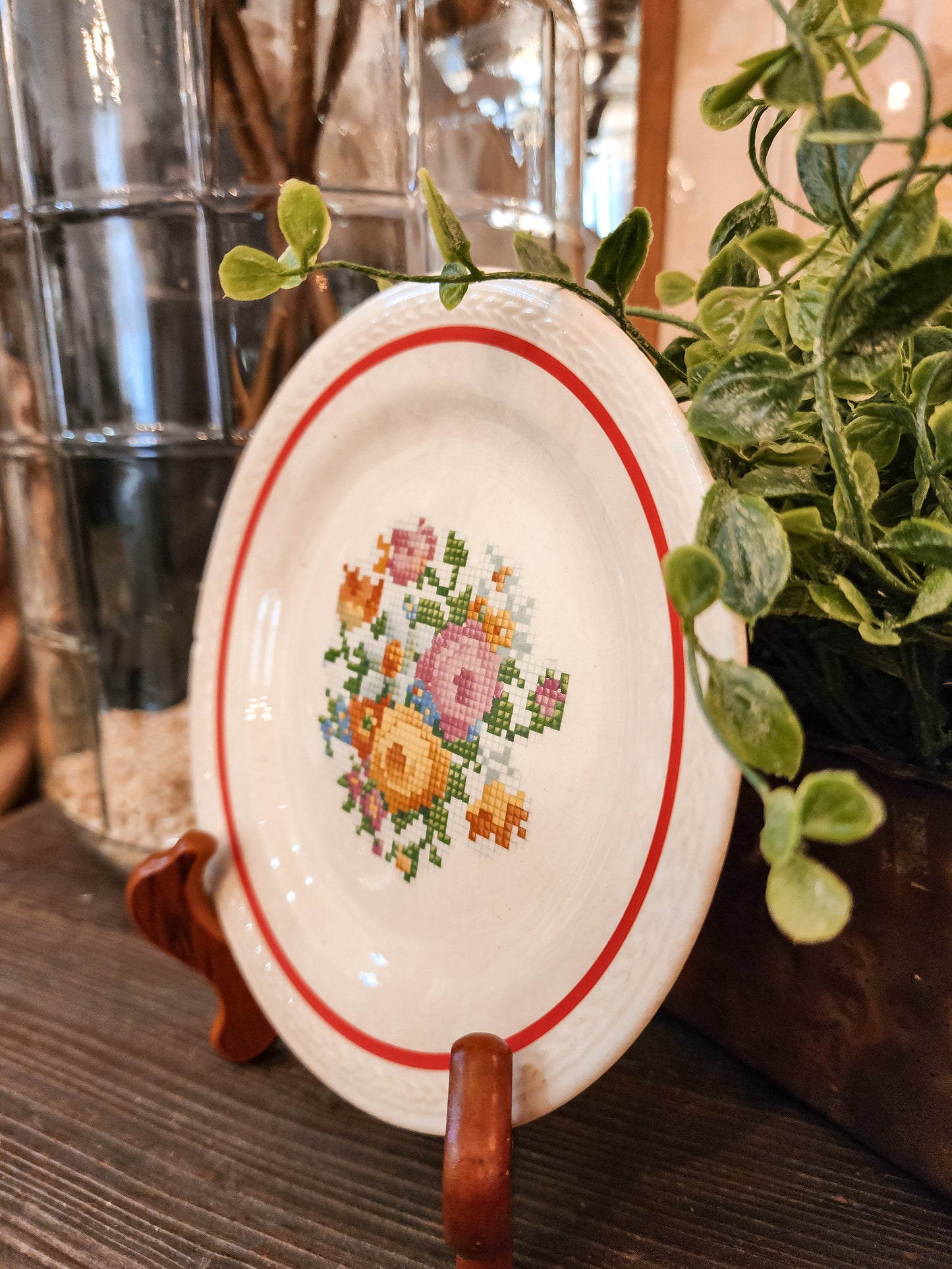 Crown Potteries Co Plate with Floral and Red Trim
