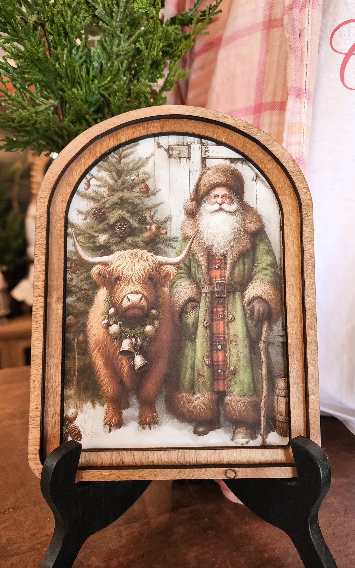 Arch Top Santa Green Jacket + Highland Cow Neutral Framed Art