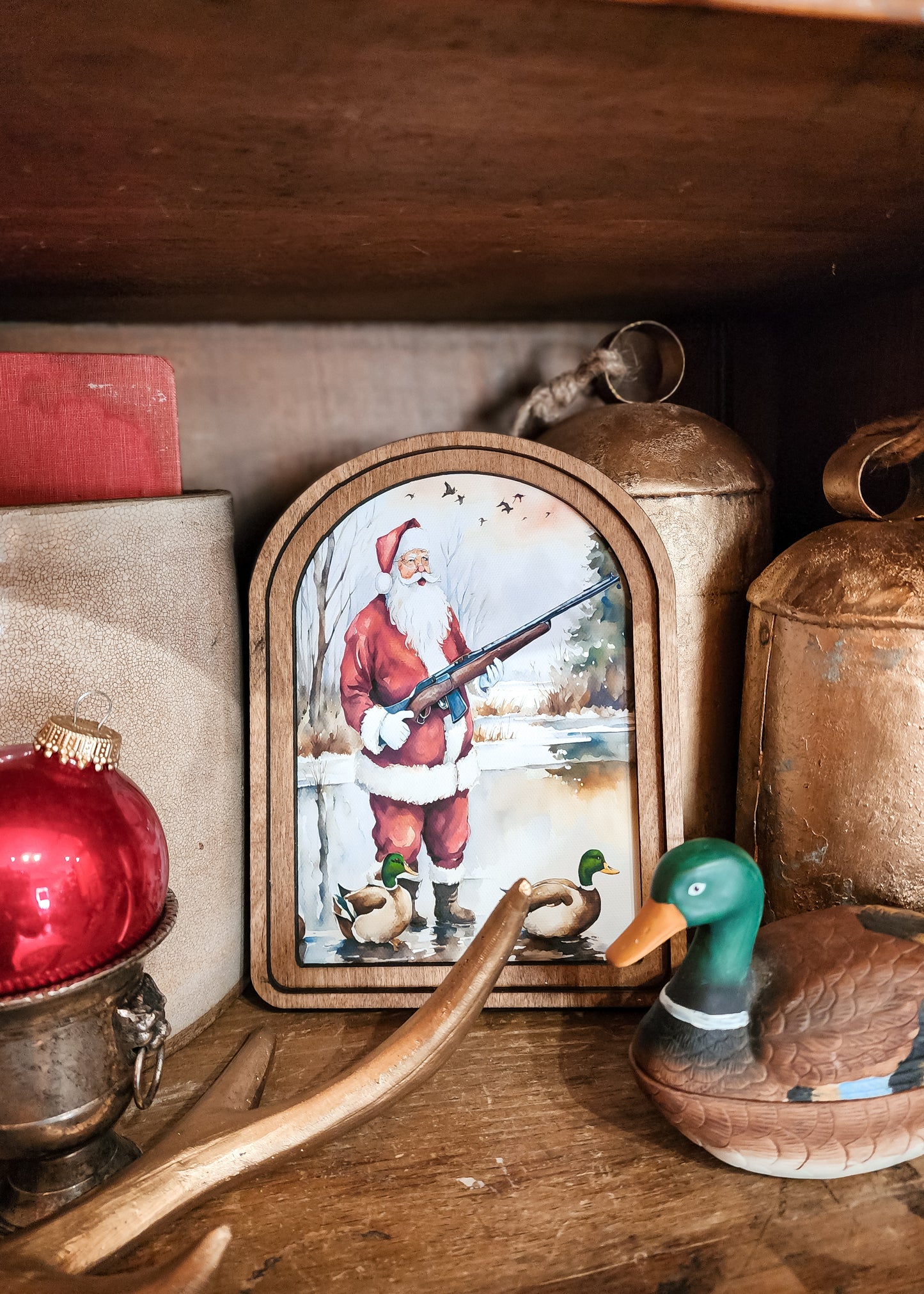 Arch Top Duck Hunting Santa Neutral Framed Art
