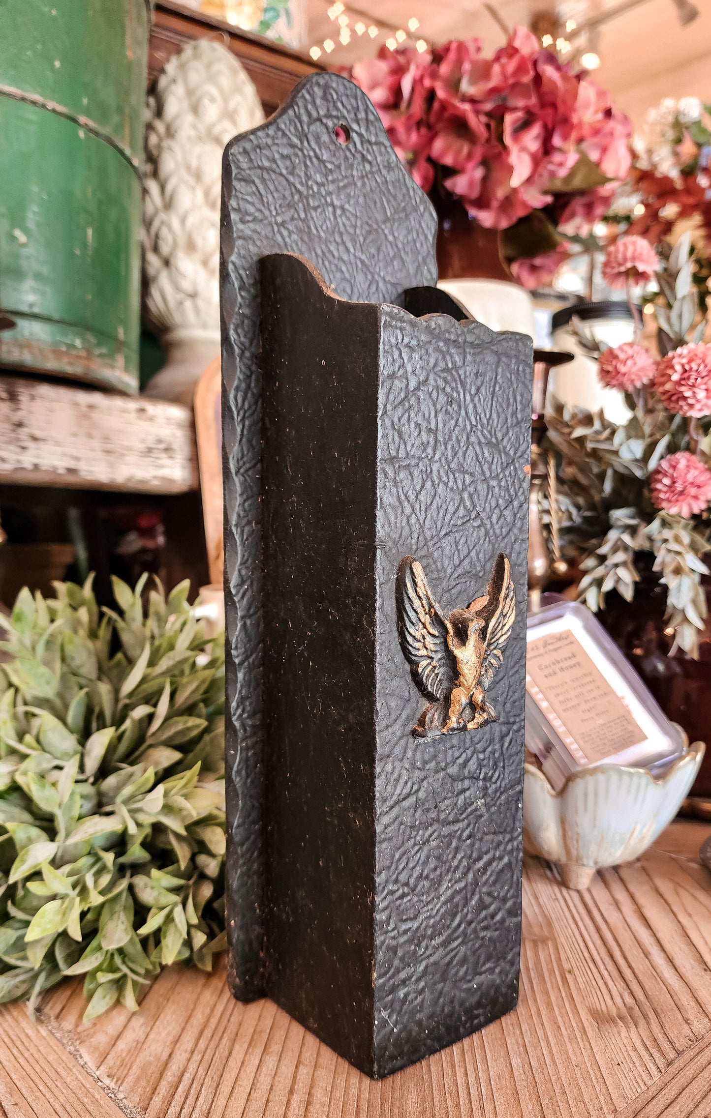 Vintage Cast Iron Match Holder with Gold Eagle