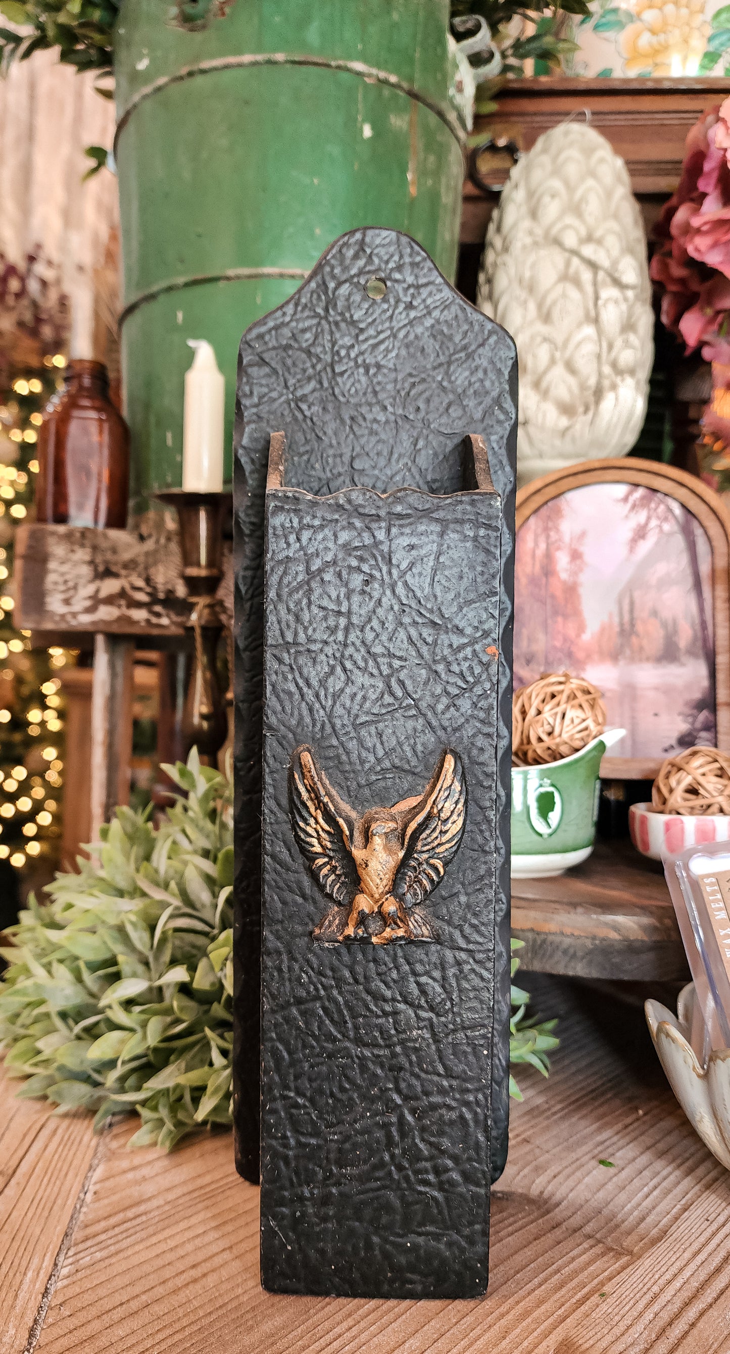 Vintage Cast Iron Match Holder with Gold Eagle