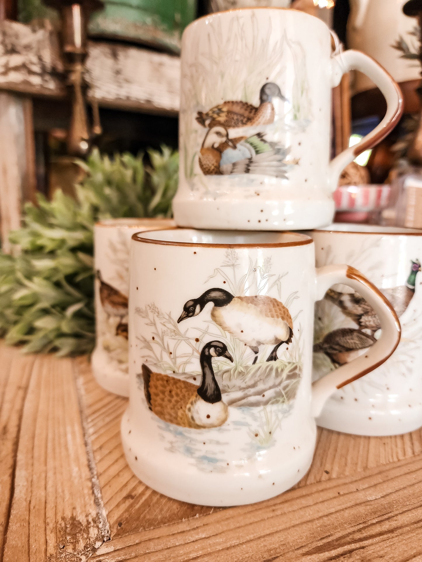 Set of 4 Mugs with Speckles and Birds