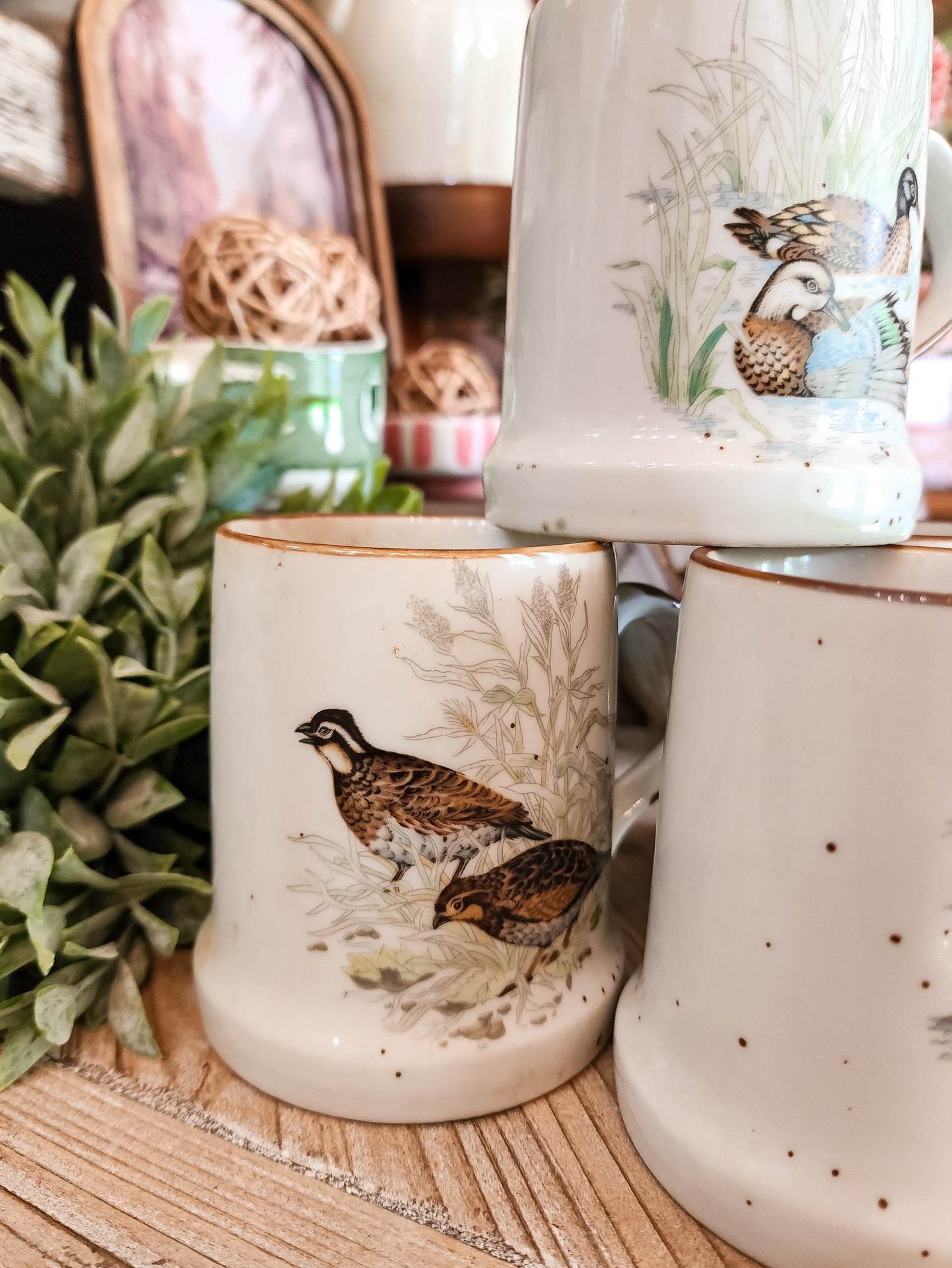 Set of 4 Mugs with Speckles and Birds