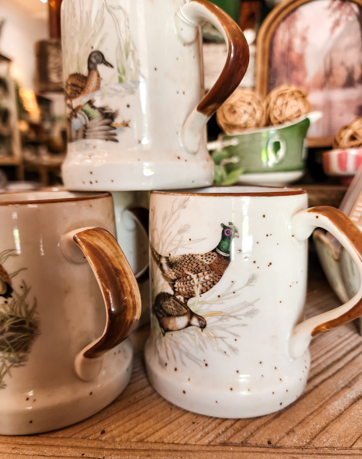Set of 4 Mugs with Speckles and Birds