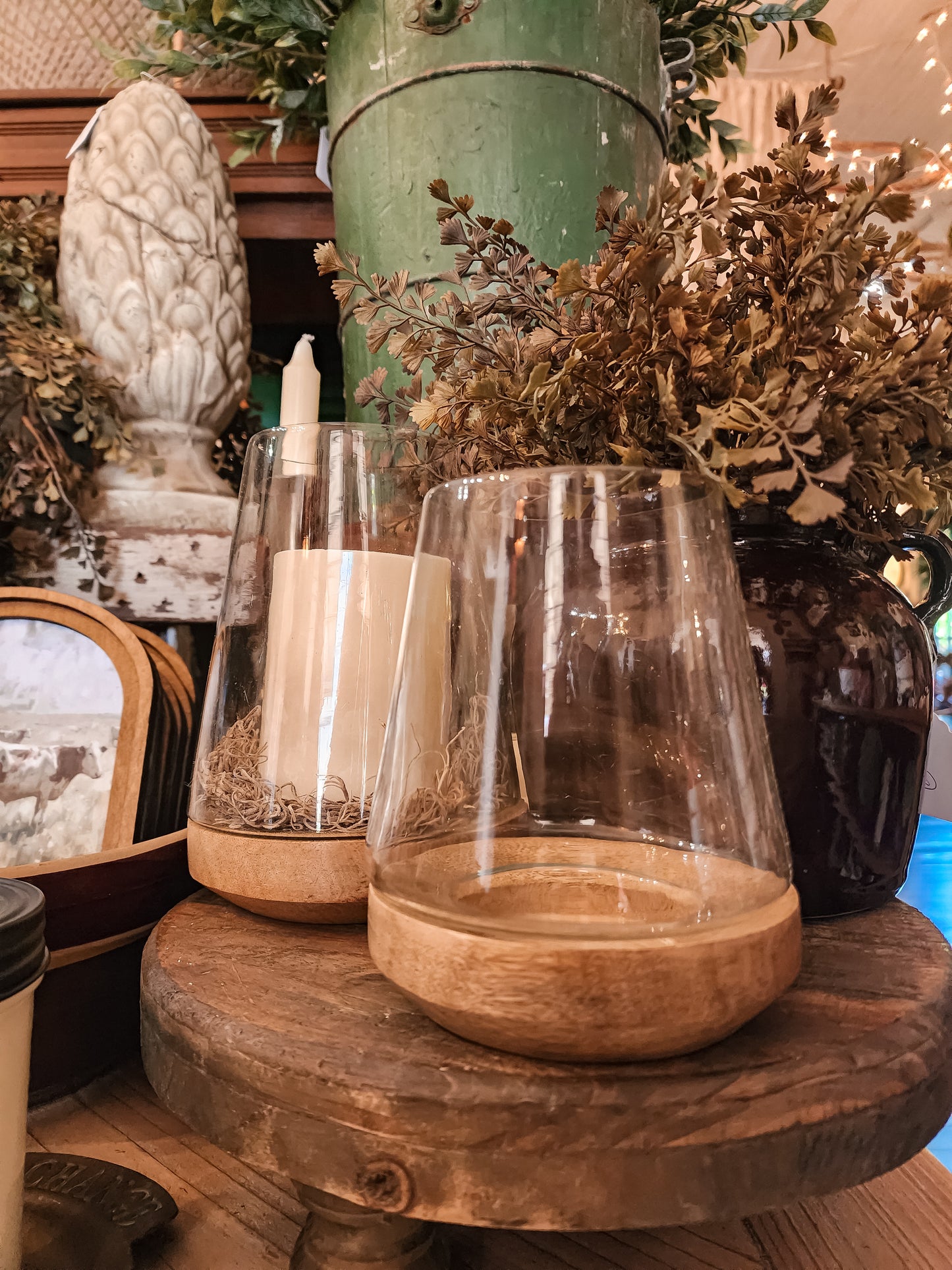 Edie Glass Hurricane with Wooden Base (Two Sizes)
