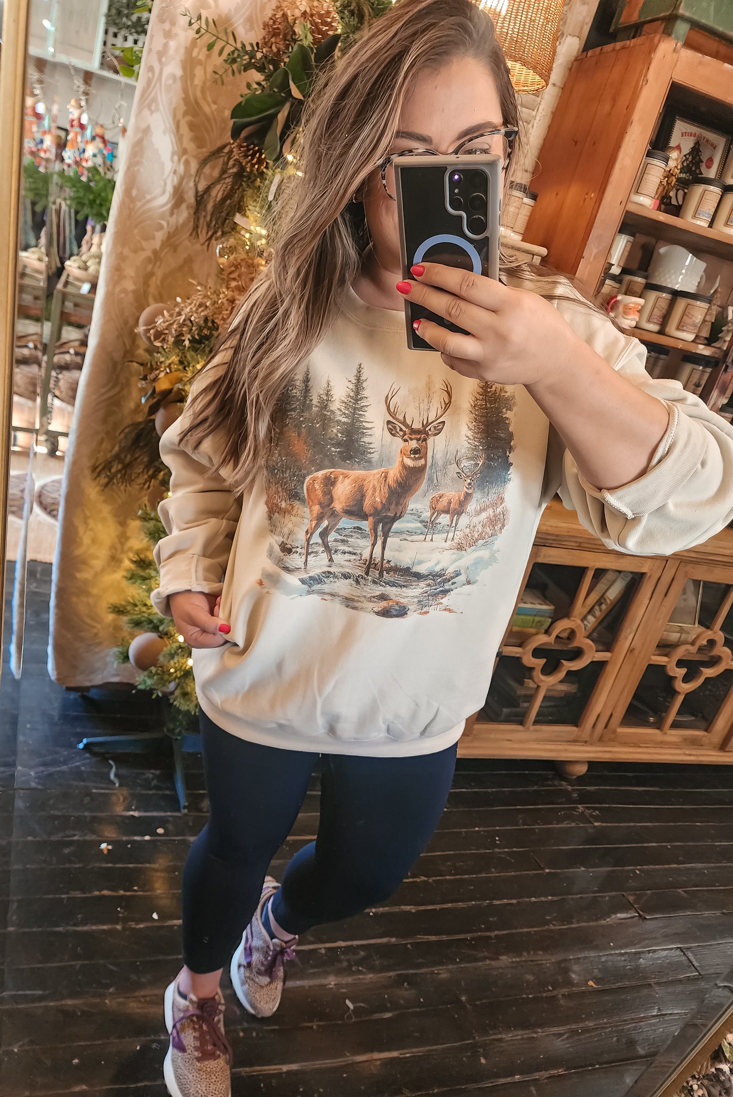 Retro Deer Scene - Cream - Sweatshirts & T-Shirts: Adult XLARGE / Cream Sweatshirt