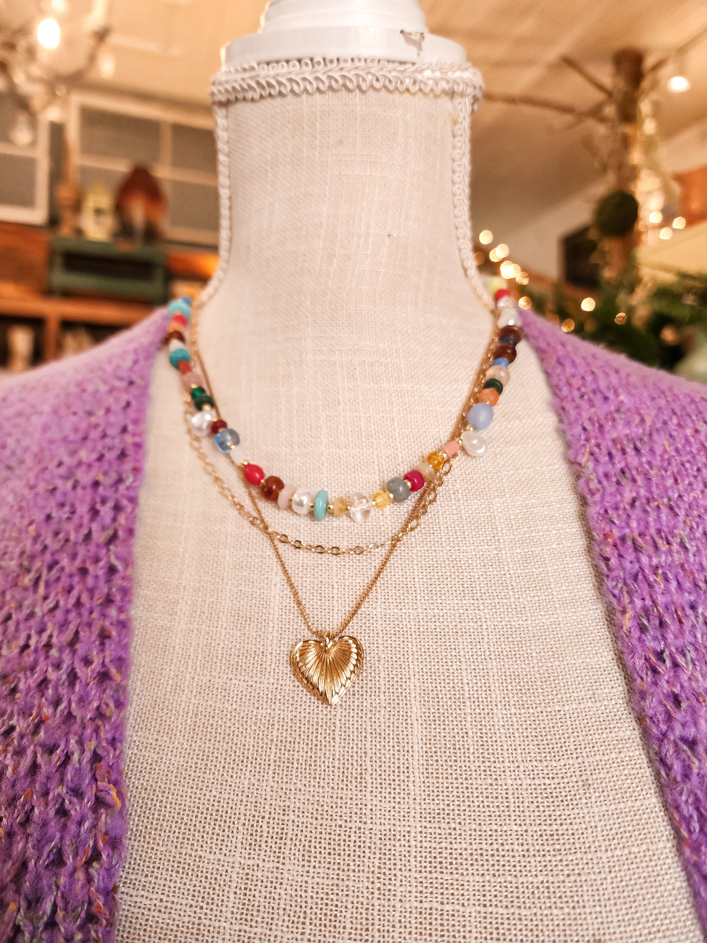 Multi Beaded Heart Charm Necklace