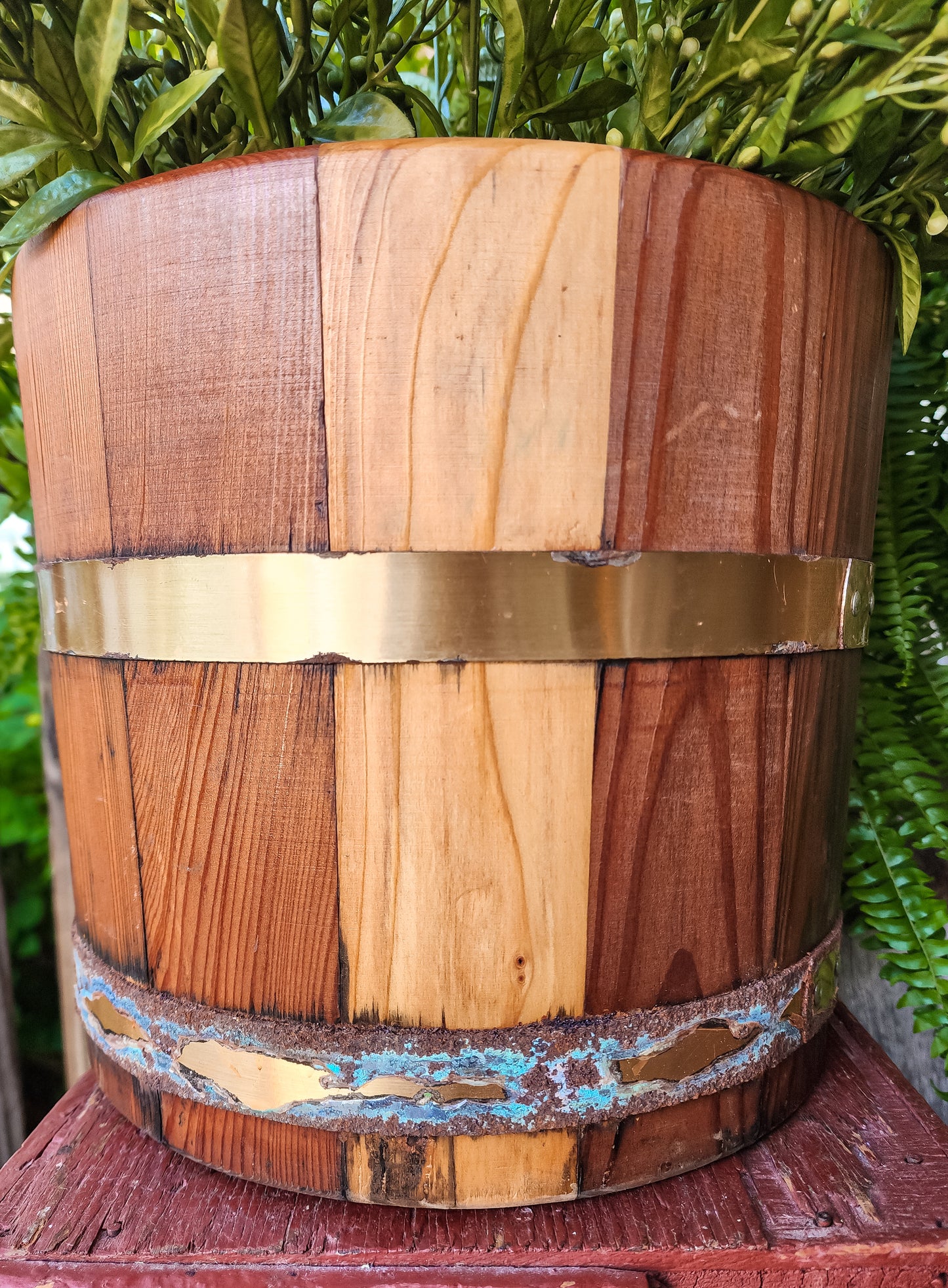 Large Wooden Bucket with Patina