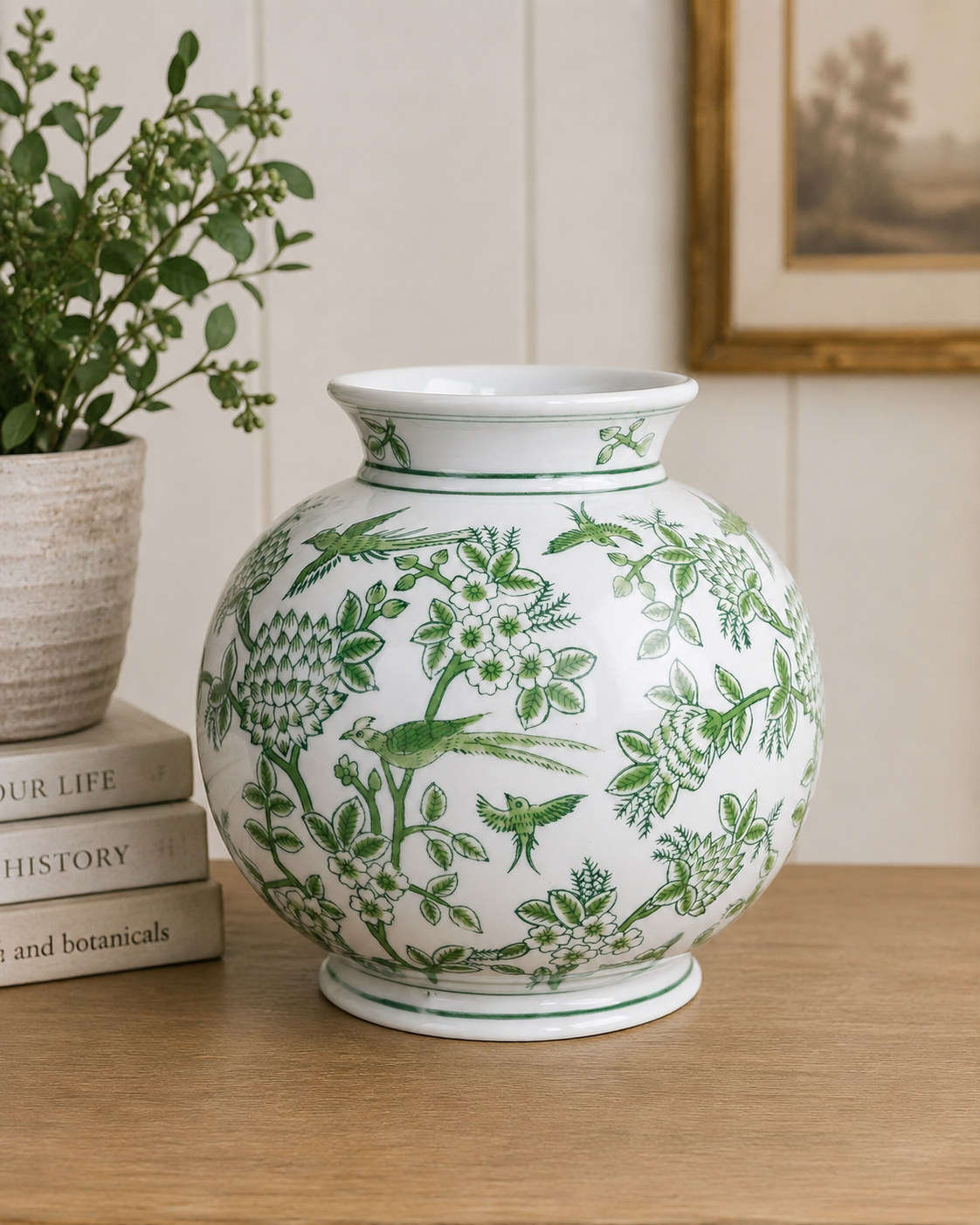 Short Green Botanical & Bird Porcelain Round Vase