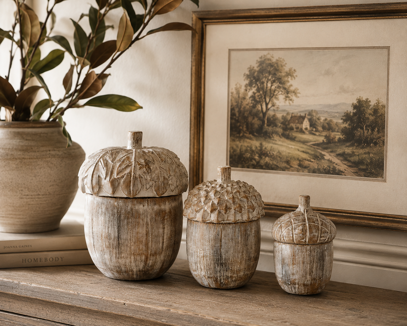 Whitewashed Resin Acorn Lidded Containers