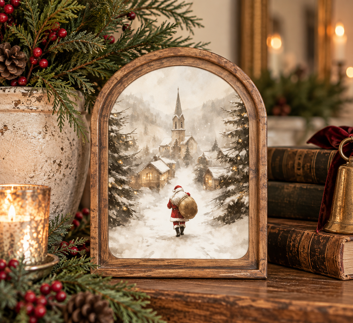 Arch Top Village Santa Framed Art | 6" x 8"