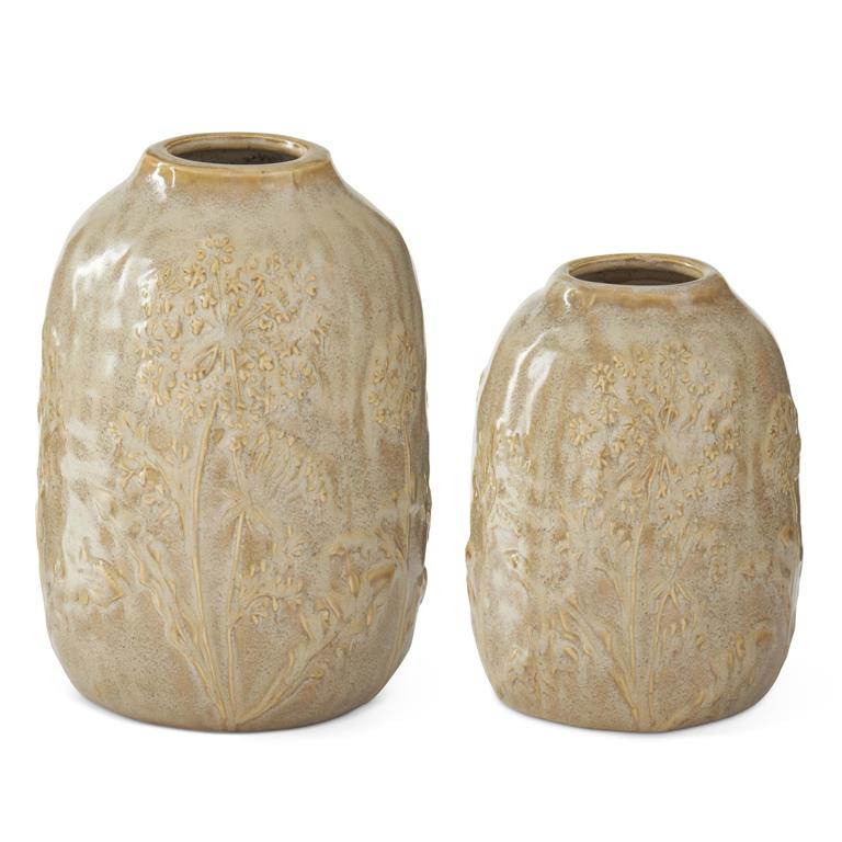 Cream Embossed Floral Vase