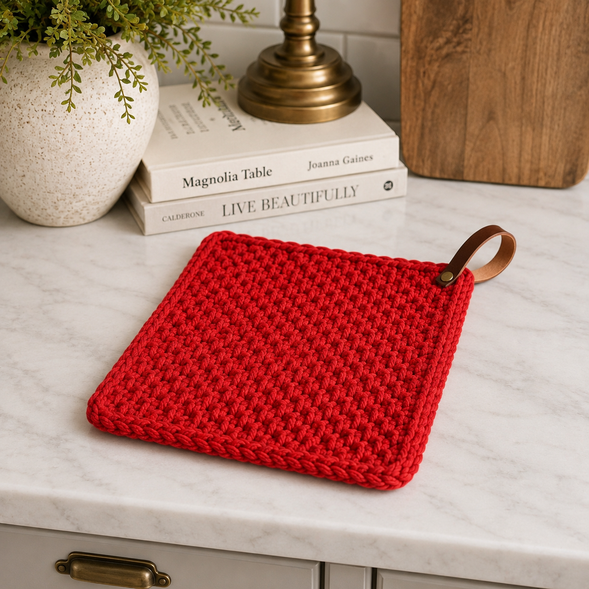 Red Crochet Pot Holder with Leather Strap