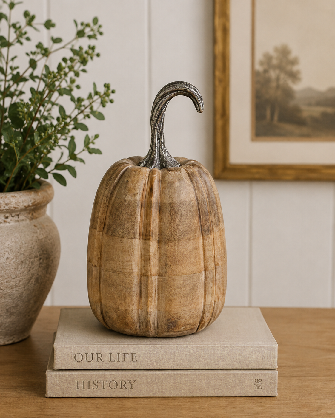 Natural Mango Wood Pumpkin with Antique Silver Stem