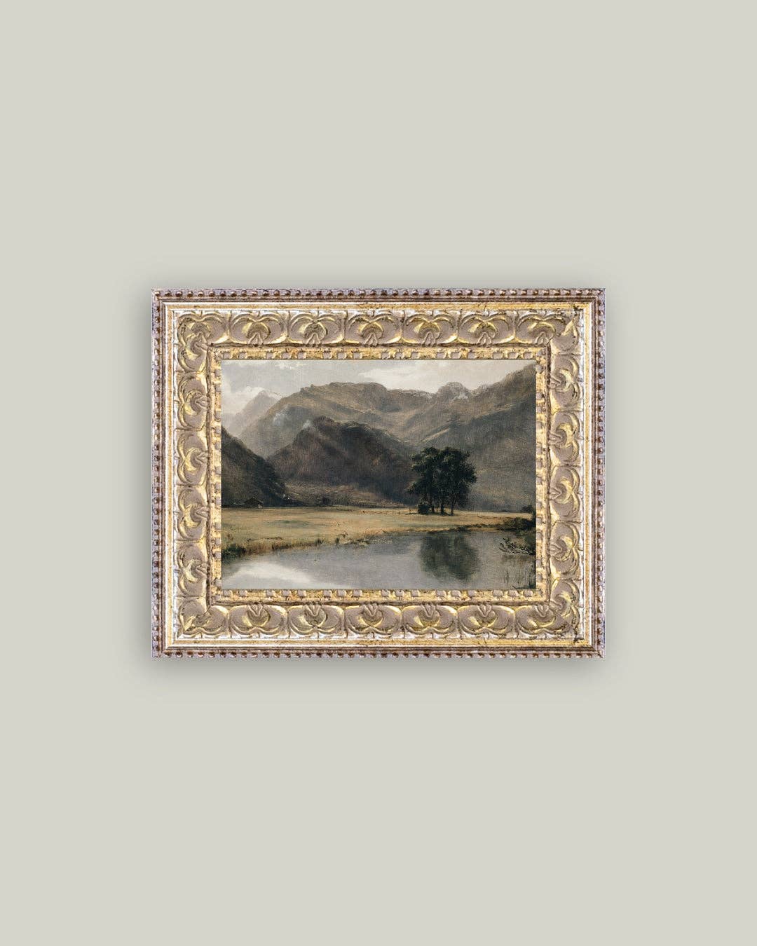 River Mountainscape Framed Antique Art: 7x5