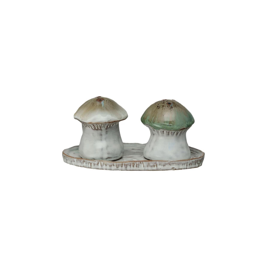 Stoneware Mushroom Salt & Pepper Shakers w/ Tray, Set of 3