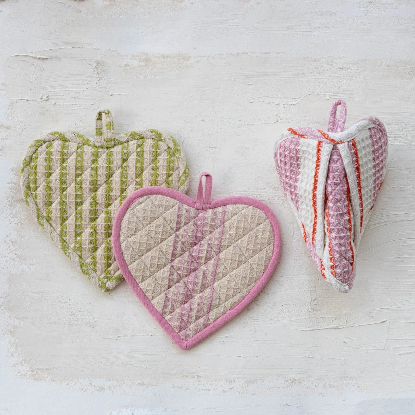 Cotton Quilted Waffle Weave Heart Shaped Pot Holder with Stripes