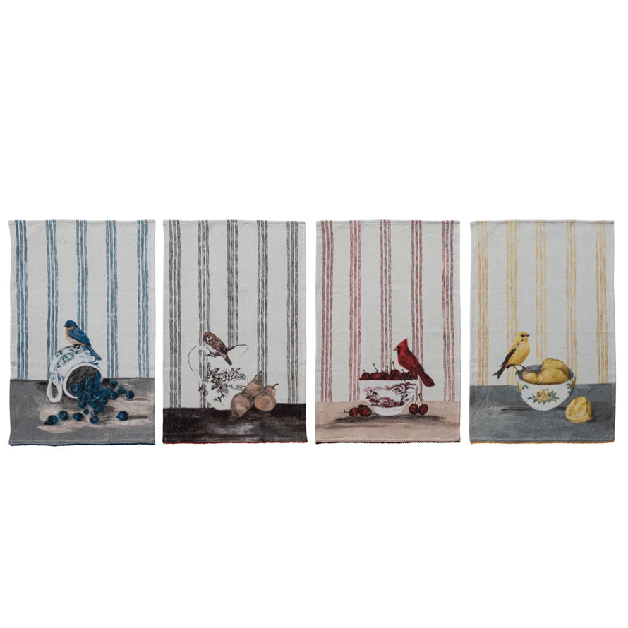 Cotton Waffle Weave Tea Towel with Bird on Dish & Pom Pom Trim, 4 Styles