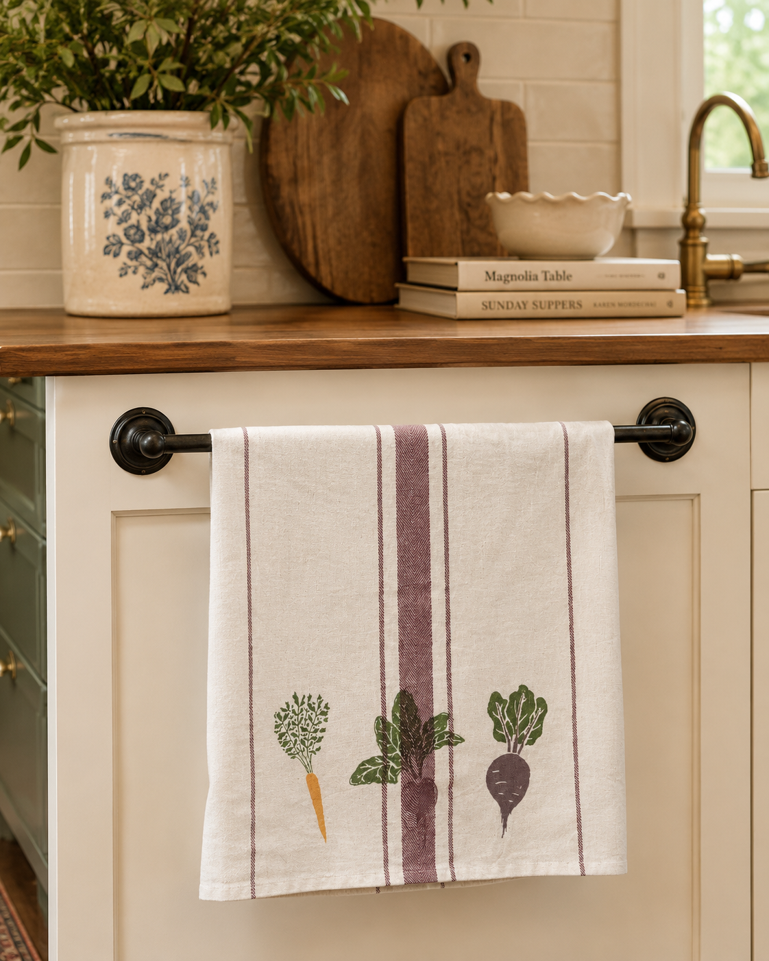 Cotton & Linen Printed Tea Towel w/ Vegetable/Cutlery Pattern