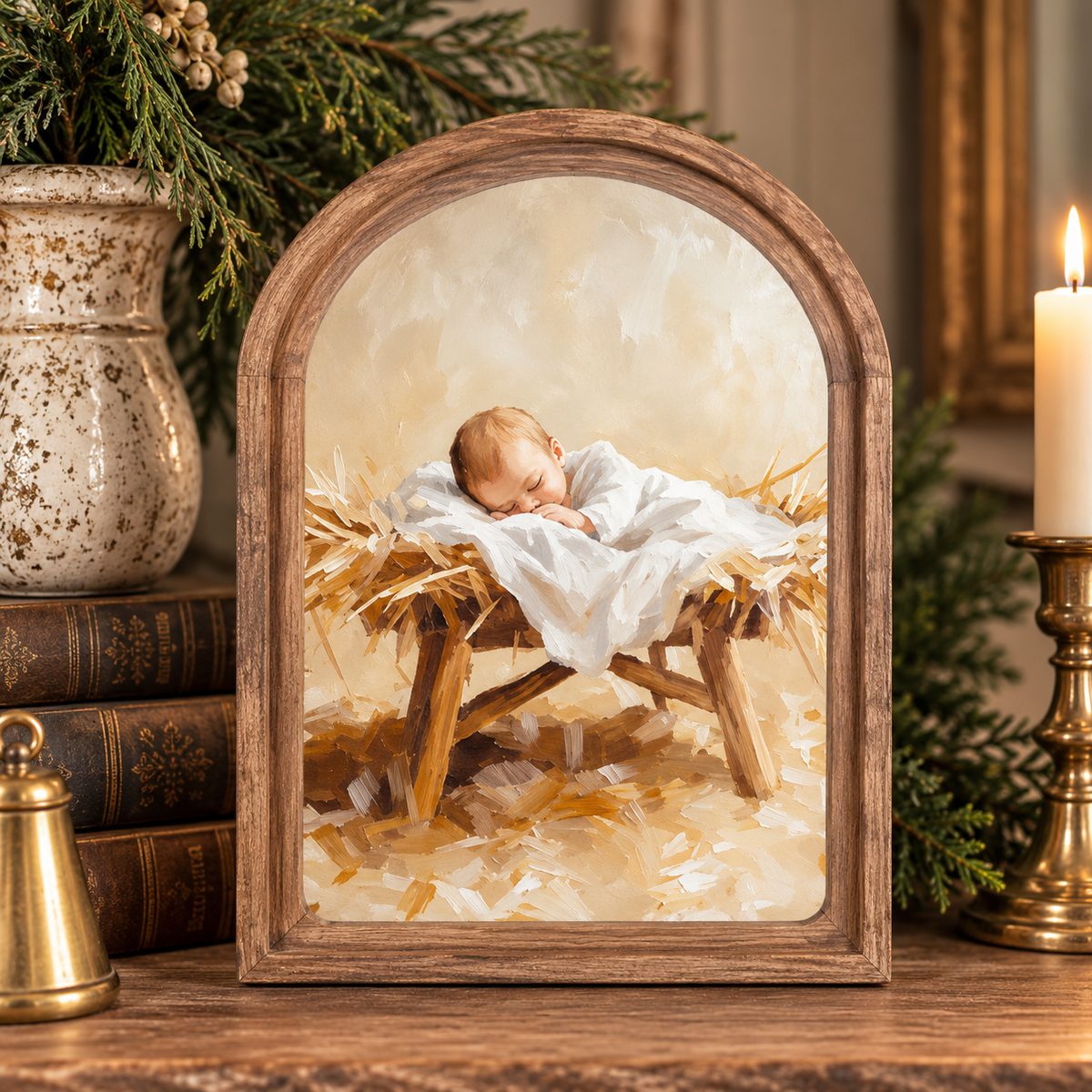 Arch Top Baby in Manger Framed Art | 6" x 8"