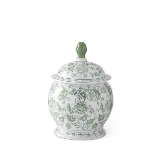 Green & White Floral Ceramic Ginger Jar with Lid