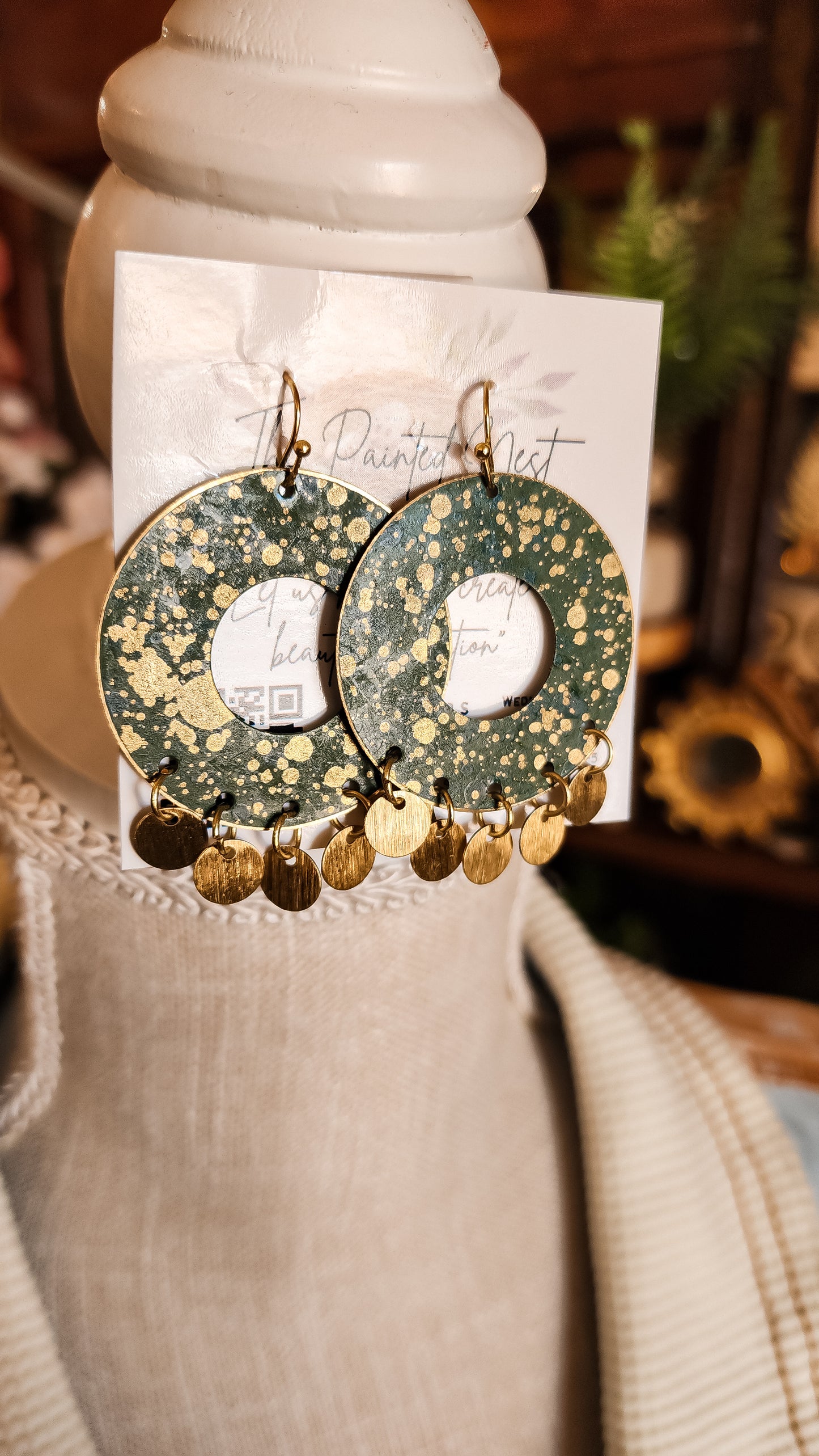 Green Galaxy With Gold Dangles Earrings