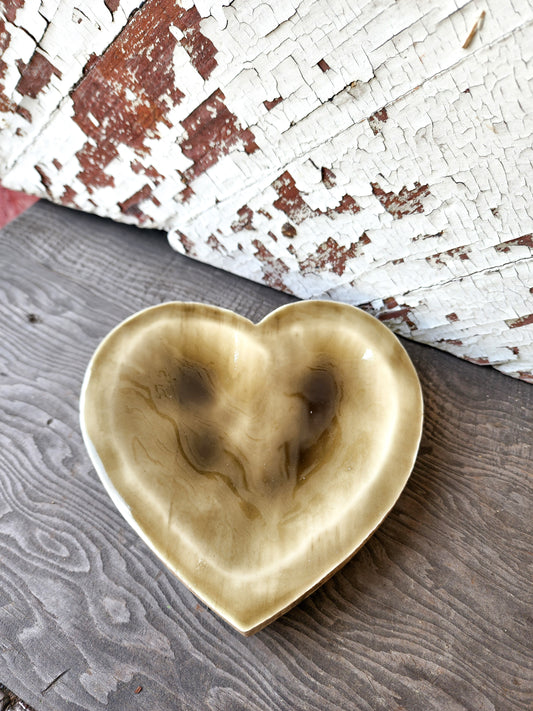 Olive Glazed Wooden Heart Dish