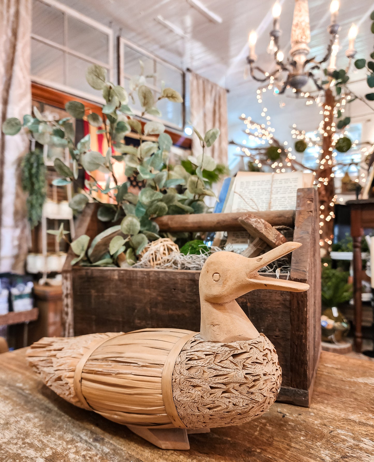 Large Vintage Wood and Straw Duck