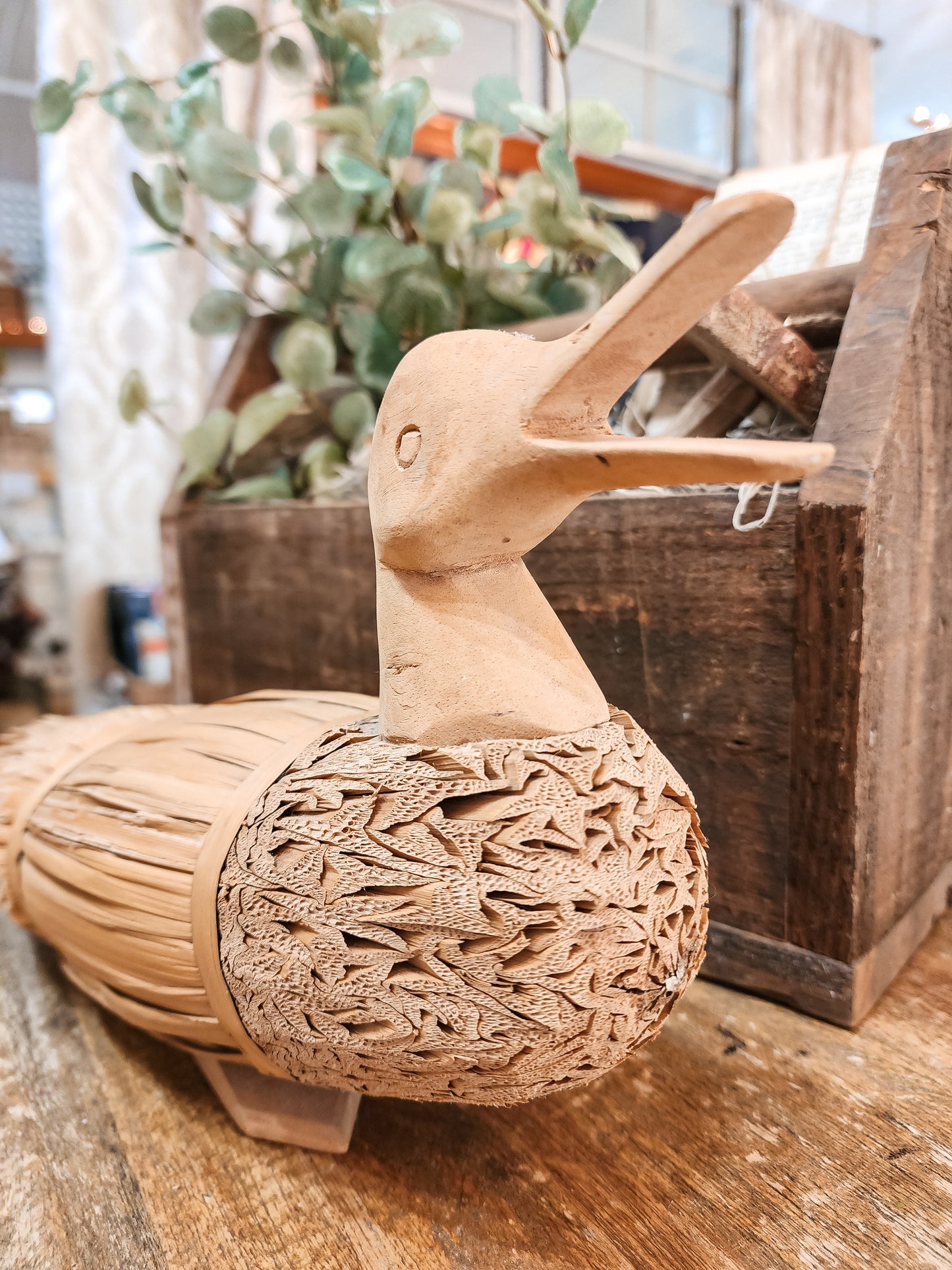 Large Vintage Wood and Straw Duck