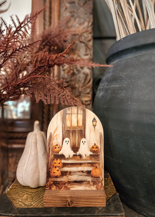 Ghost's On Porch with Wooden Base