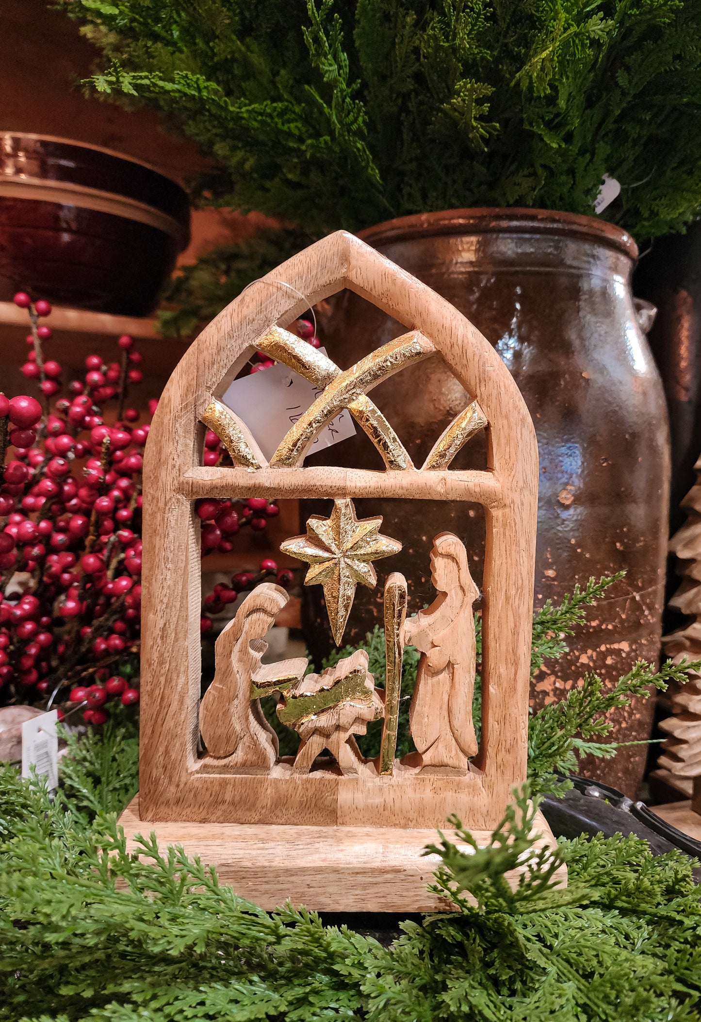 Mango Wood Nativity Scene with Gold Detailing