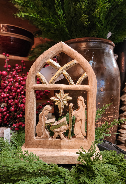 Mango Wood Nativity Scene with Gold Detailing