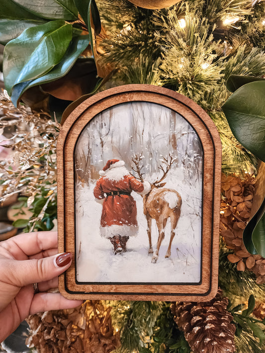 Santa With Reindeer Framed Art Arch Top