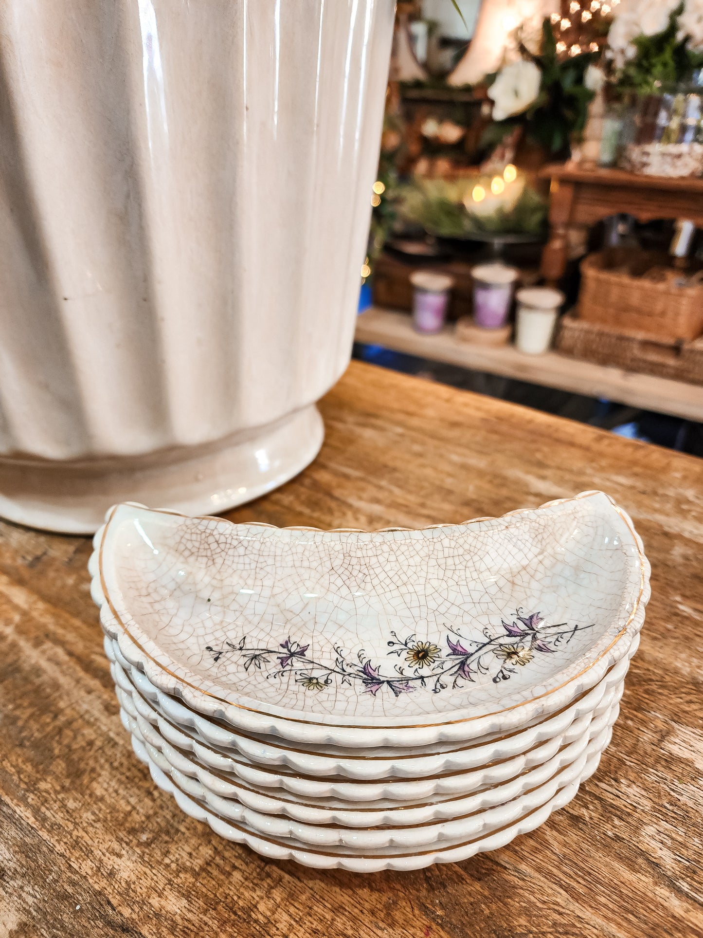 Set of Six Floral Bone Dishes