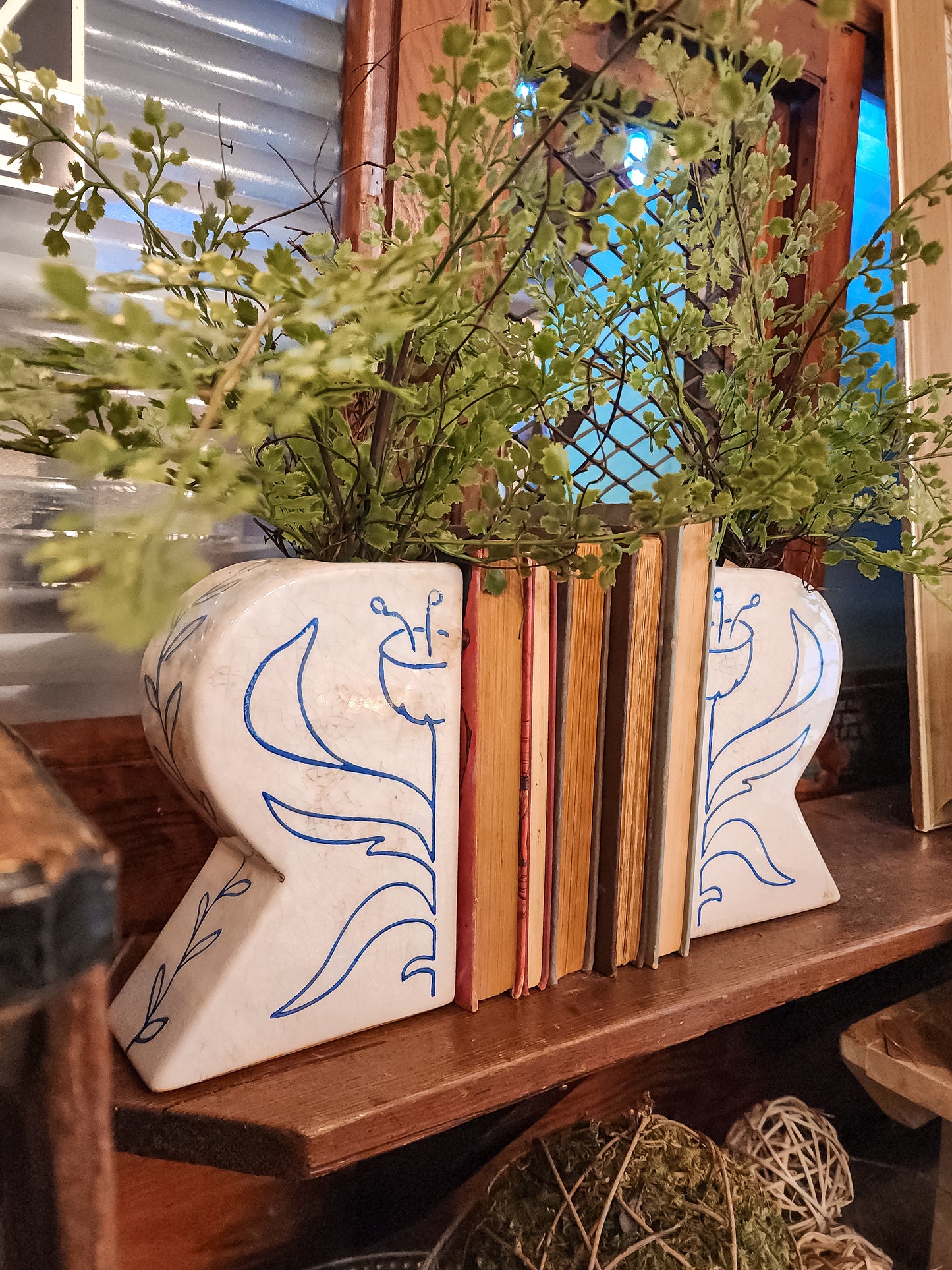 Terra-cotta Vases/Bookends w/ Hand-Painted Flower, Set of 2
