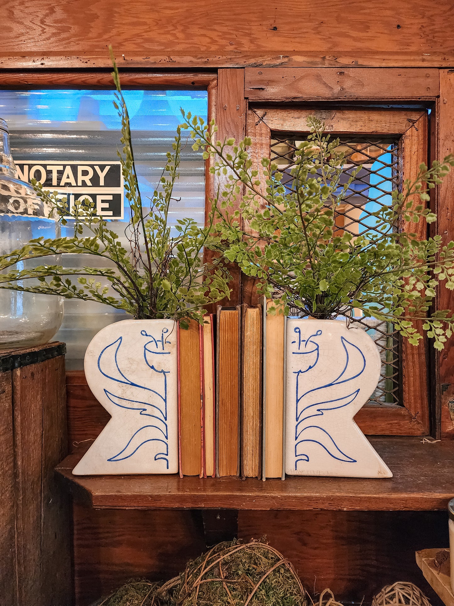 Terra-cotta Vases/Bookends w/ Hand-Painted Flower, Set of 2