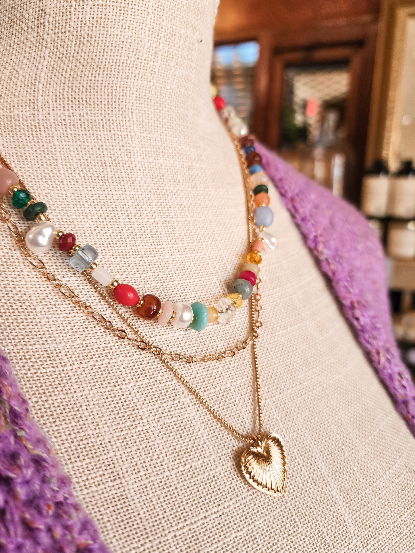 Multi Beaded Heart Charm Necklace