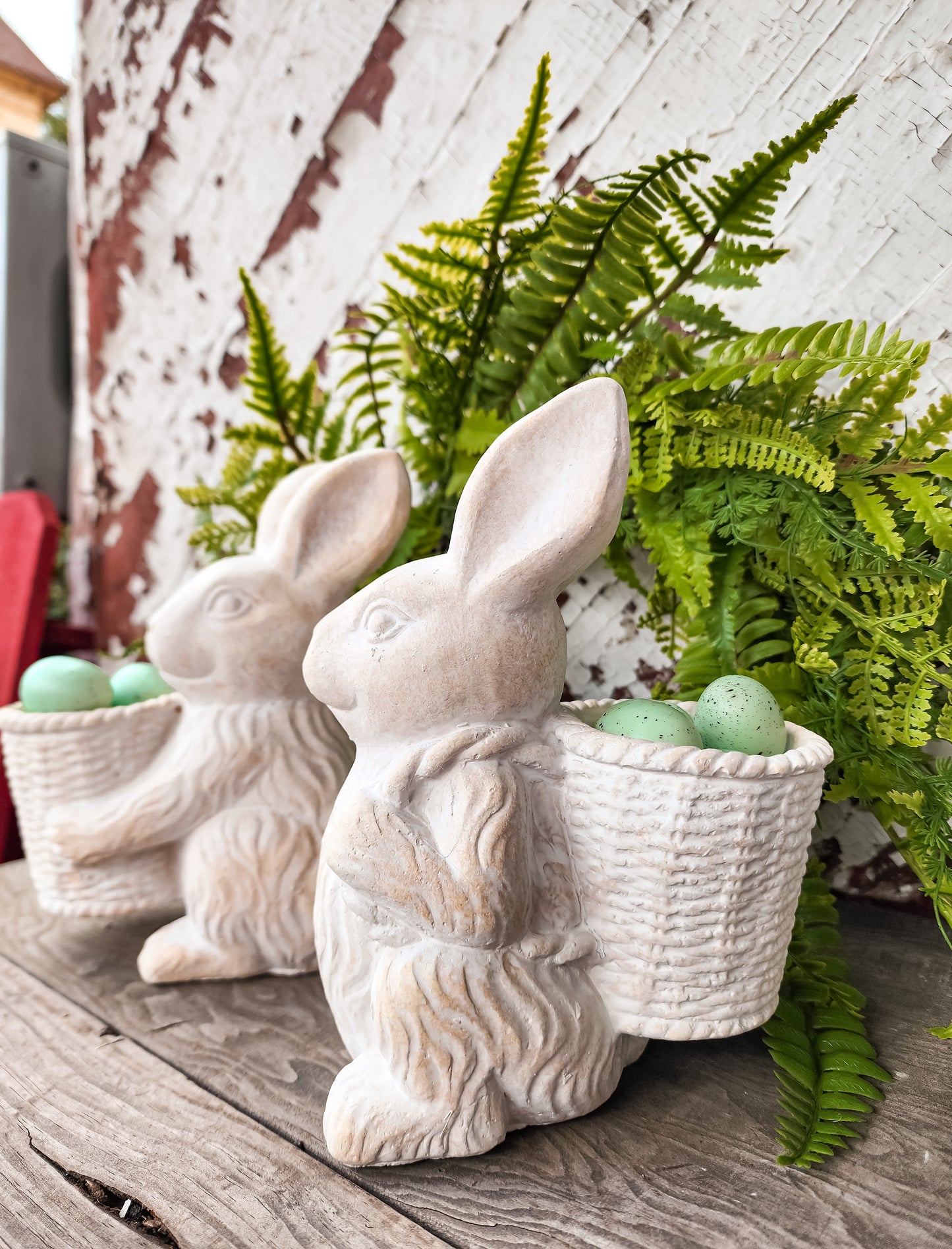 Cement Bunny With Basket and Blue Eggs