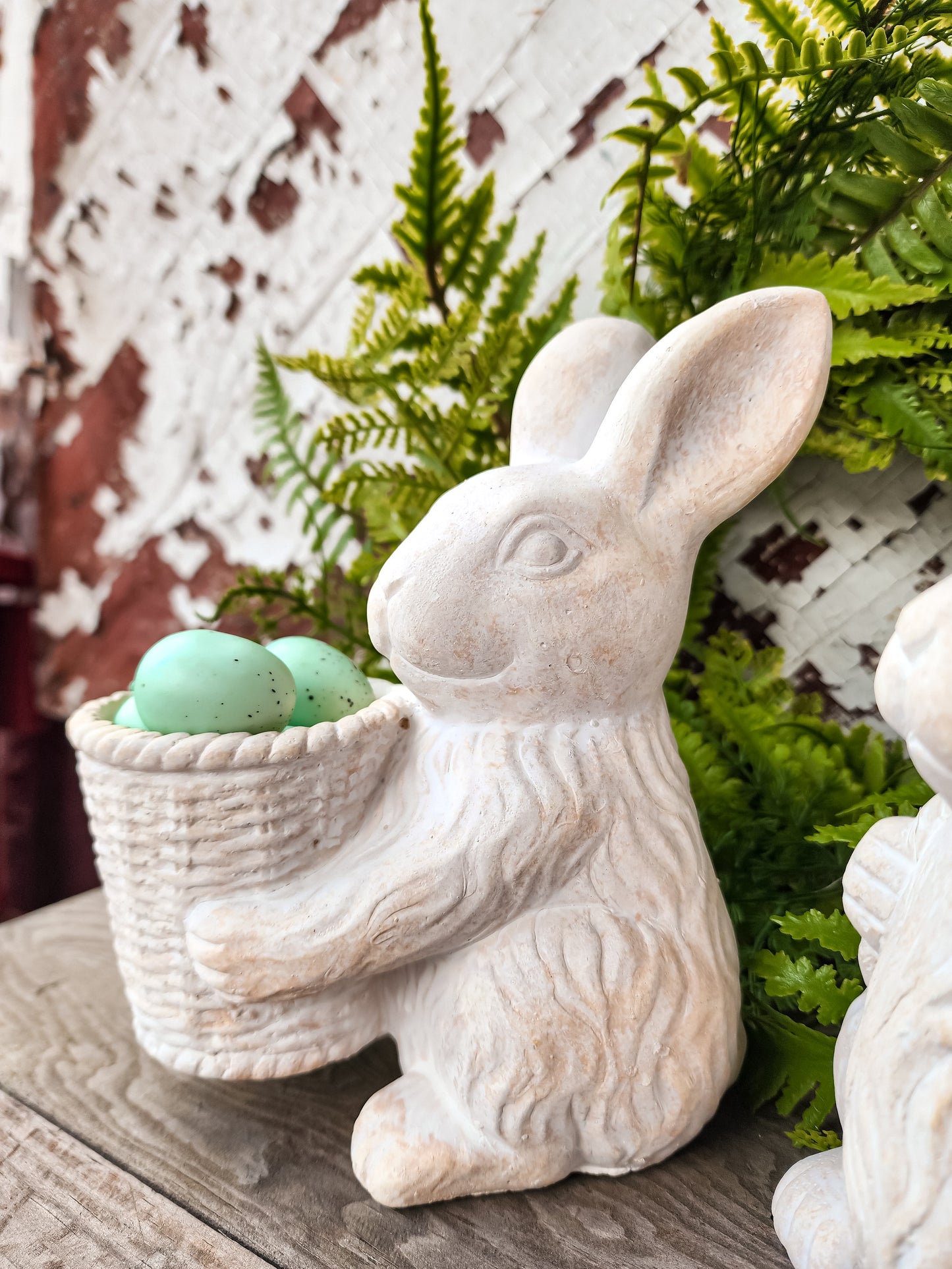 Cement Bunny With Basket and Blue Eggs