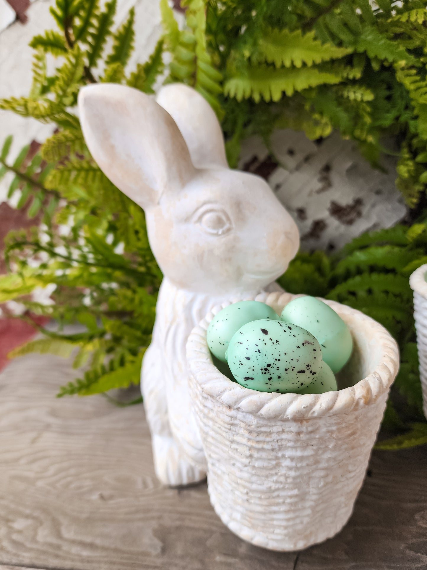 Cement Bunny With Basket and Blue Eggs