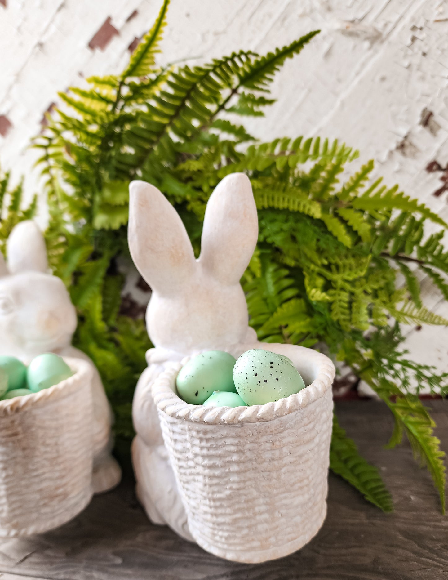 Cement Bunny With Basket and Blue Eggs
