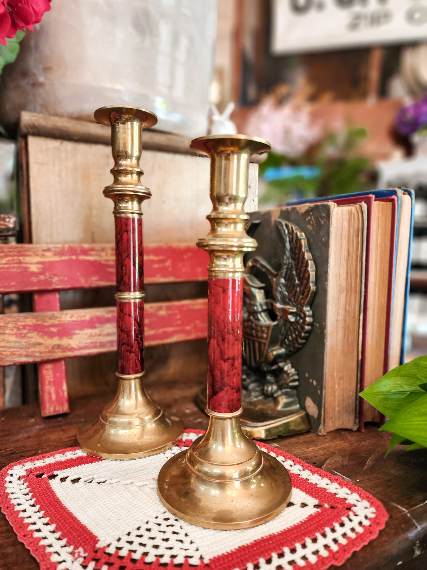 Pair of Red/Brass Candle Sticks