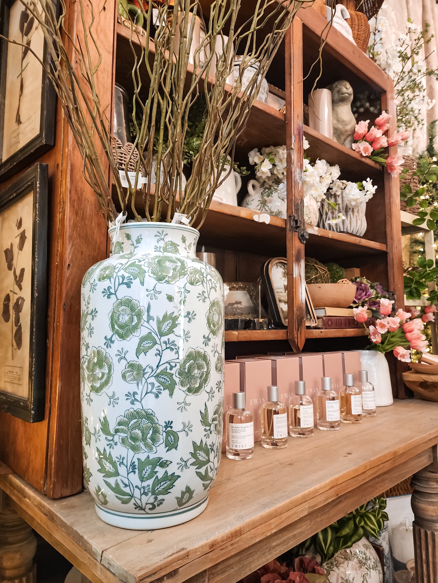 15" Green & White Floral Ceramic Vase