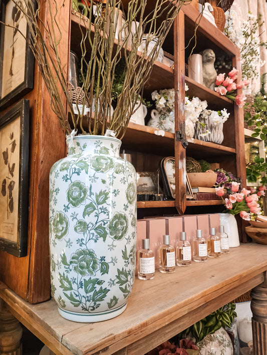15" Green & White Floral Ceramic Vase