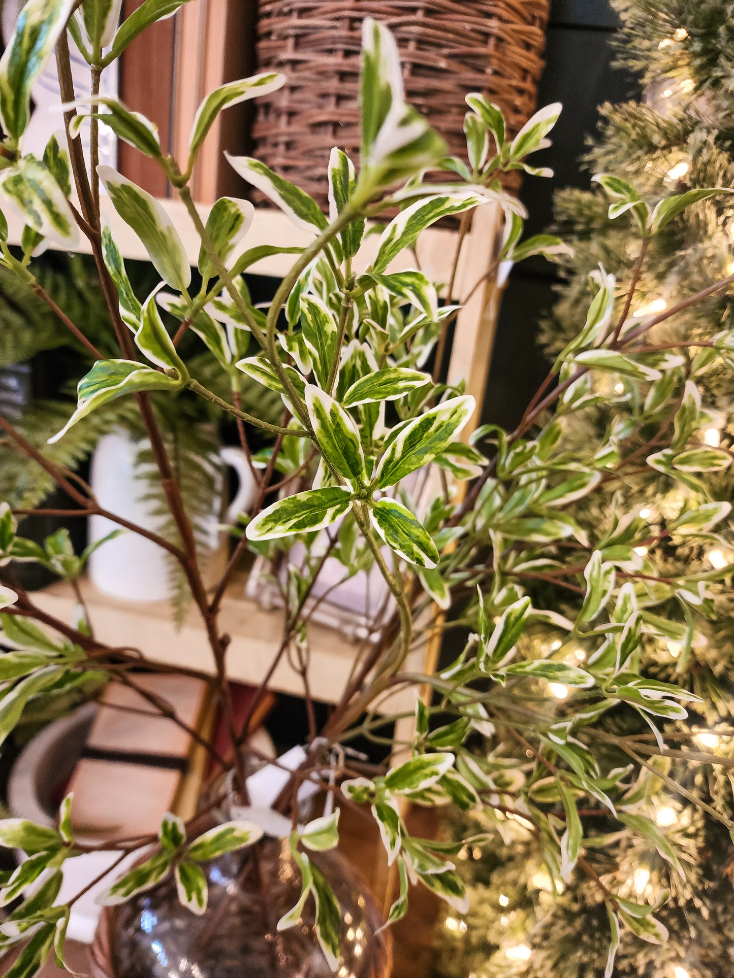35" Green & White Mirror Bush Branch