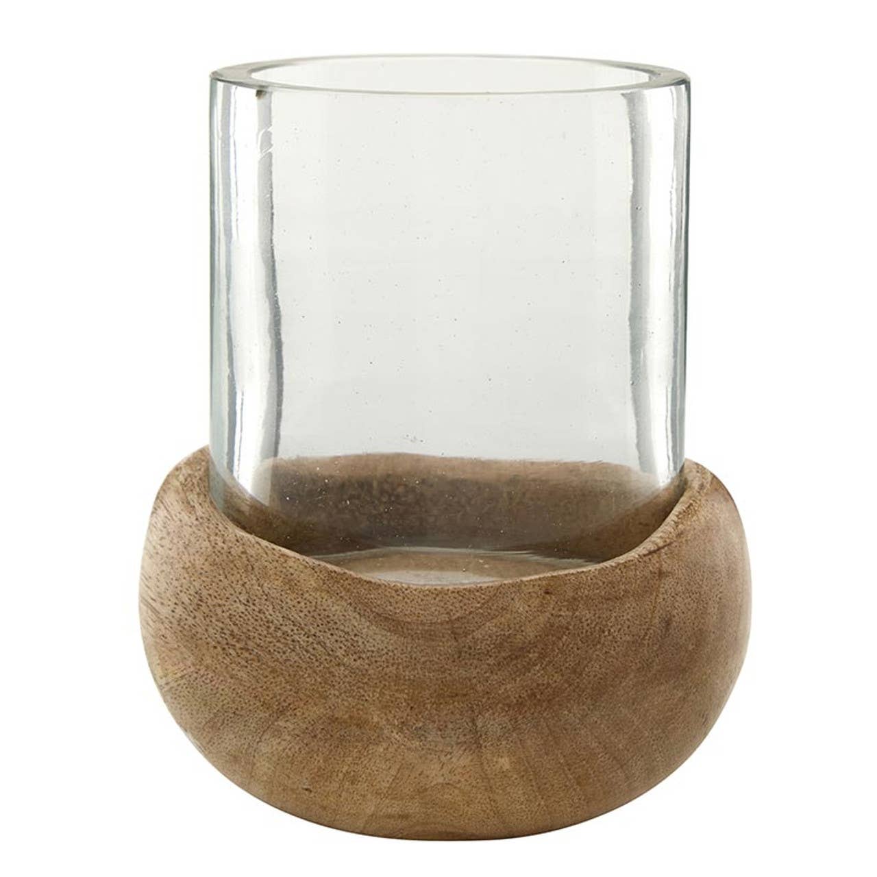 Wooden Glass Hurricane - Small: Glass/Mango Wood / 3.5" Dia x 4" H